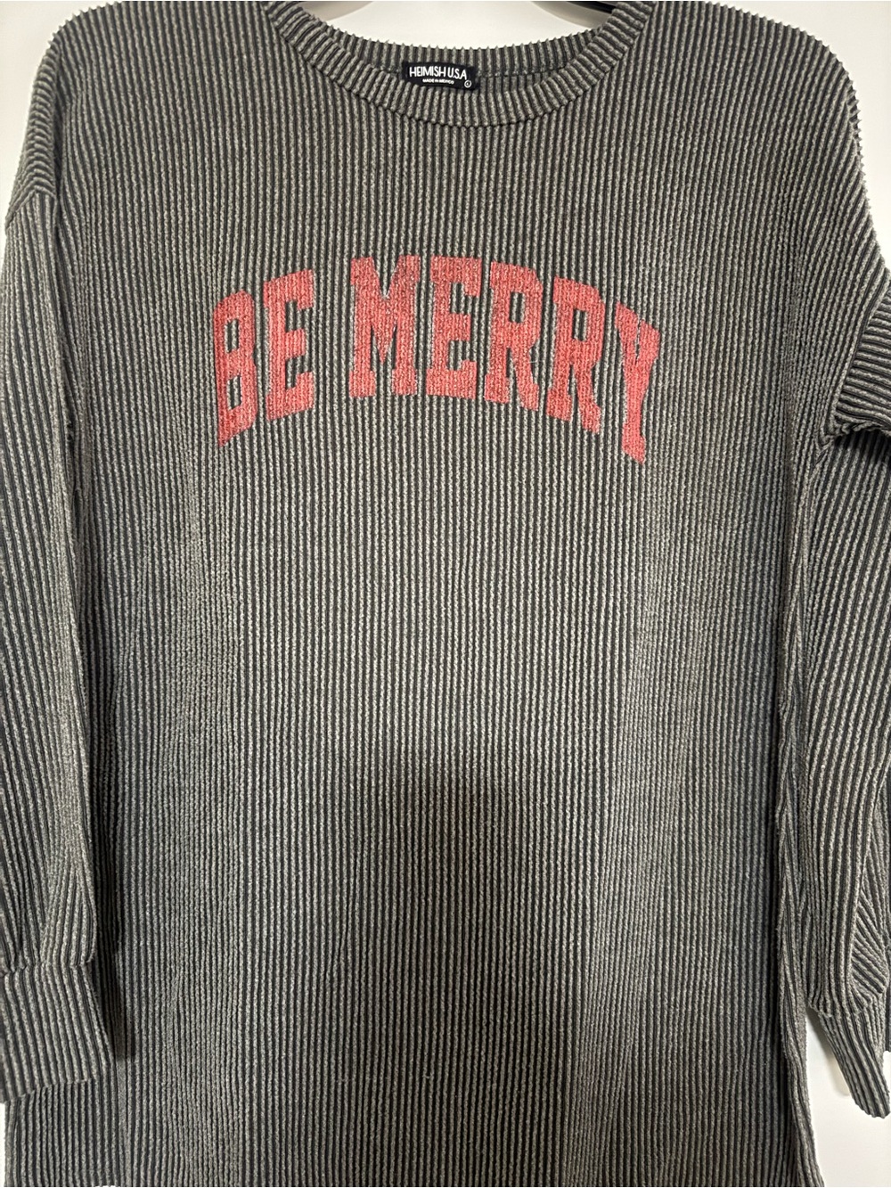 HEIMISH USA Black Crewneck Sweater with Red "BE MERRY" Graphic